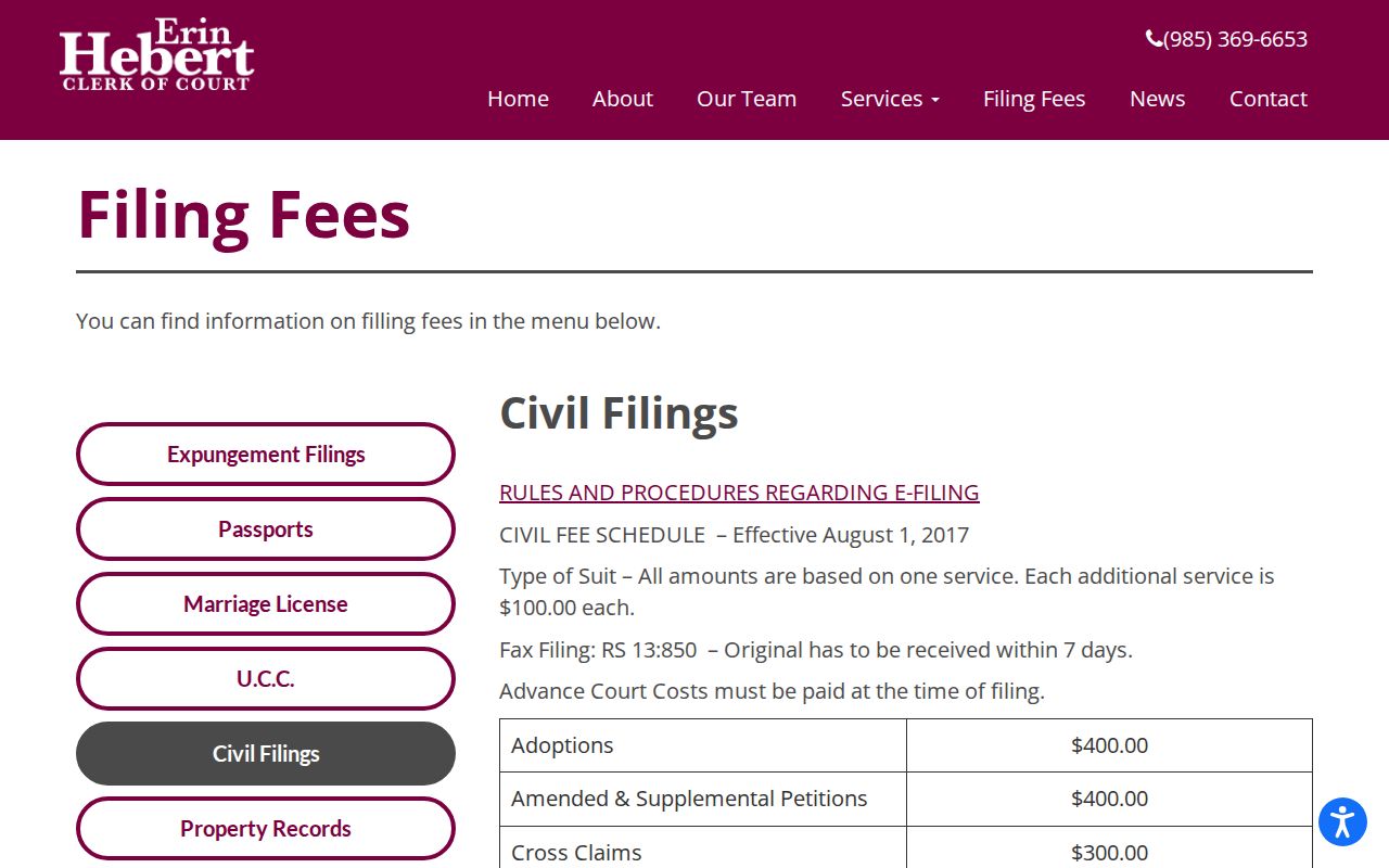 Assumption Parish civil docket clerk fee schedule