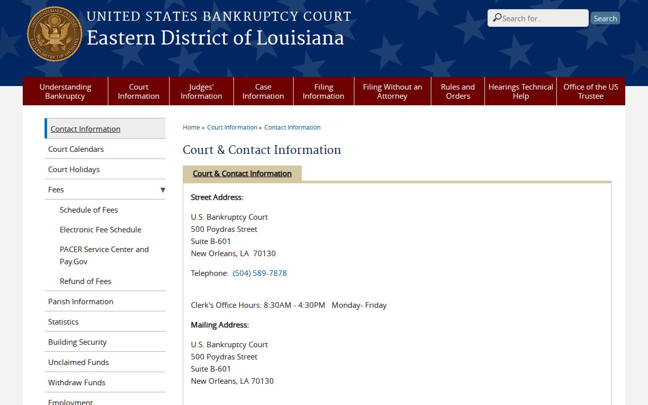 Assumption Parish court record federal bankruptcy contact page