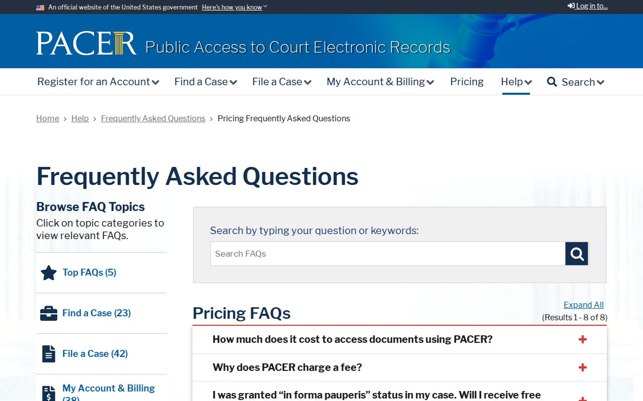 Assumption Parish court record federal PACER pricing information