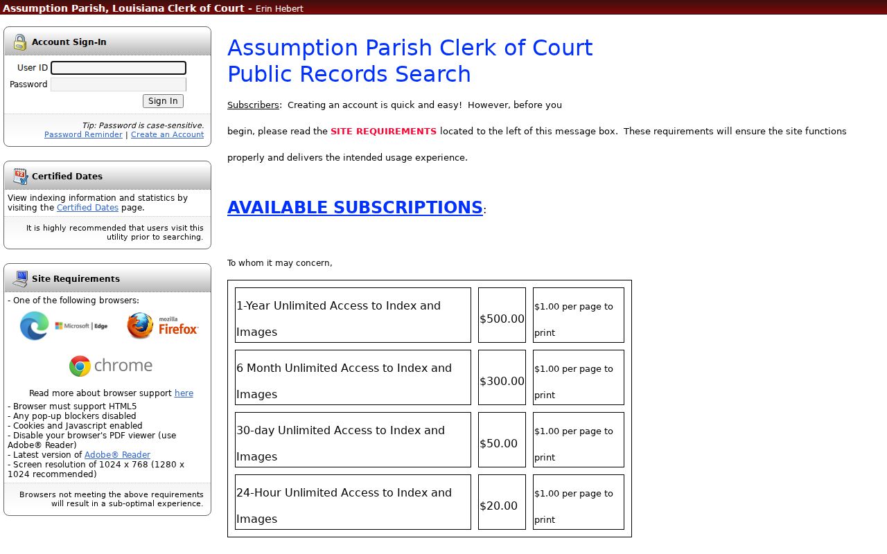 Assumption Parish criminal docket Cott eSearch sign-in page