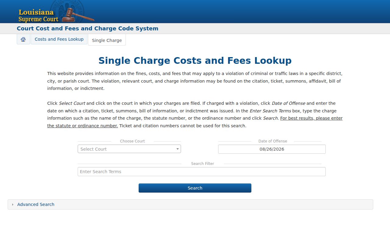 Assumption Parish traffic ticket charge-code court cost search interface