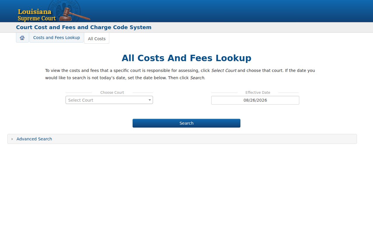 Assumption Parish traffic ticket court-cost lookup interface